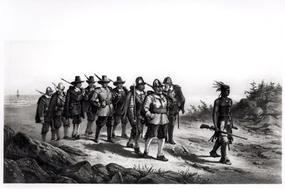 La marcha de Miles Standish, grabado por Armstrong y Co., 1873 de Joseph Baker